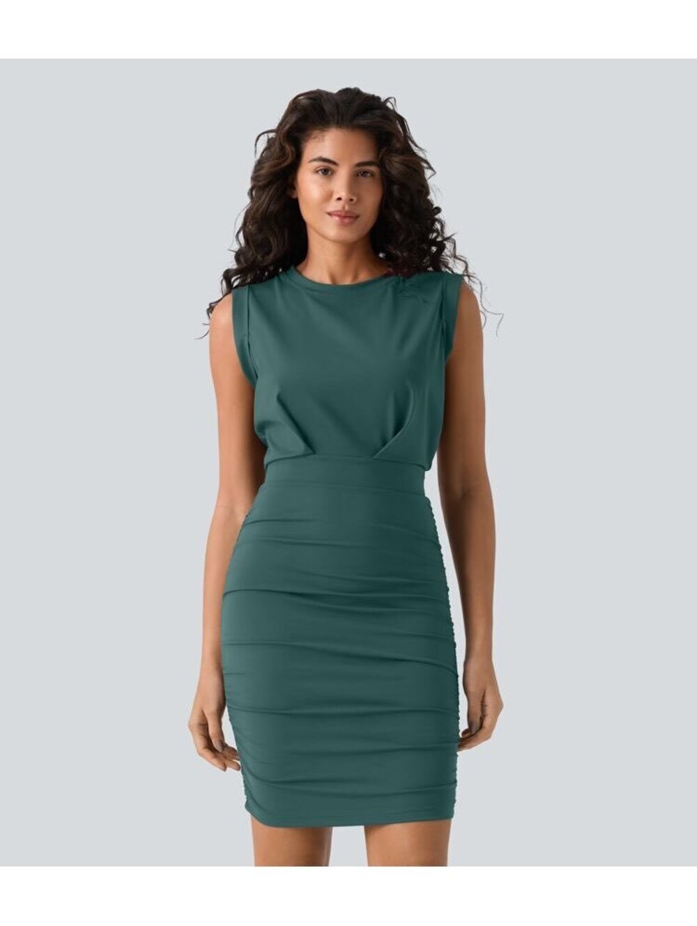 NWT Halara SoftlyZero Airy Ruched Sleeveless Bodycon Dress Teal Green L